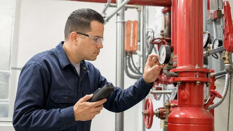 Representative professional fire sprinkler inspector observing a pressure gauge and riser assembly