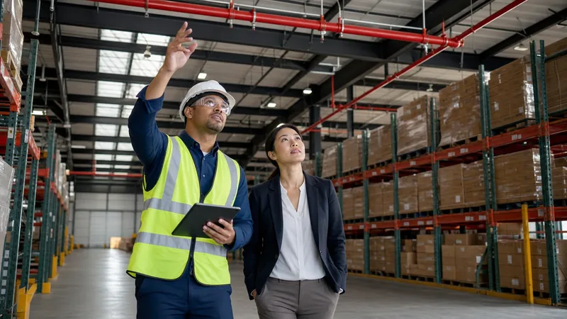 Representative inspector and facility manager reviewing warehouse storage beneath overhead sprinkler piping